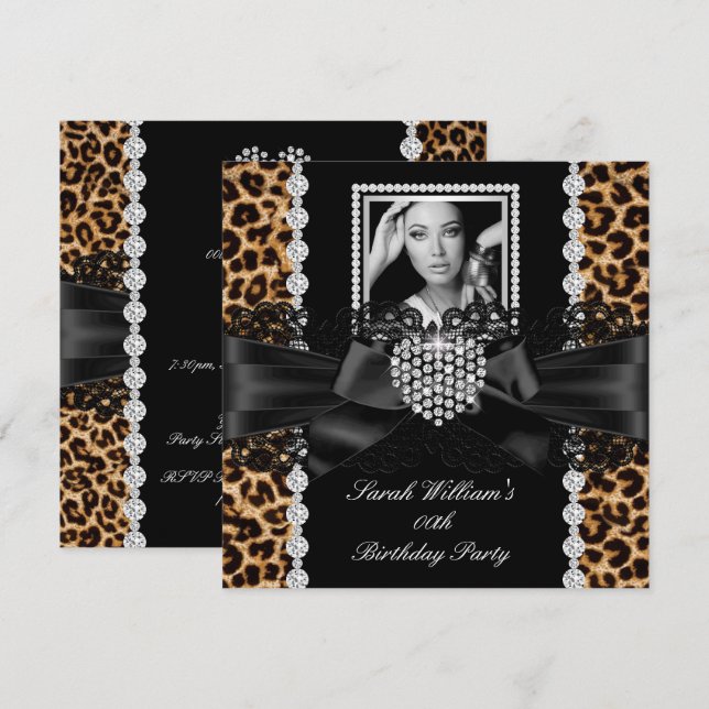 Leopard Lace Diamond Heart Photo Birthday Party 2 Invitation (Front/Back)