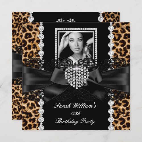 Leopard Lace Diamond Heart Photo Birthday Party 2 Invitation