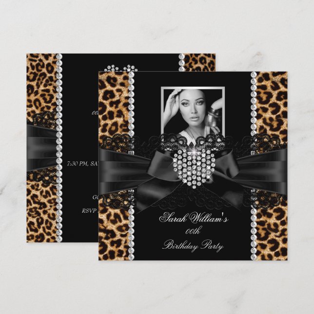 Leopard Lace Diamond Heart Photo Birthday Party Invitation (Front/Back)