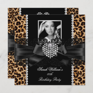 Leopard Lace Diamond Heart Photo Birthday Party Invitation