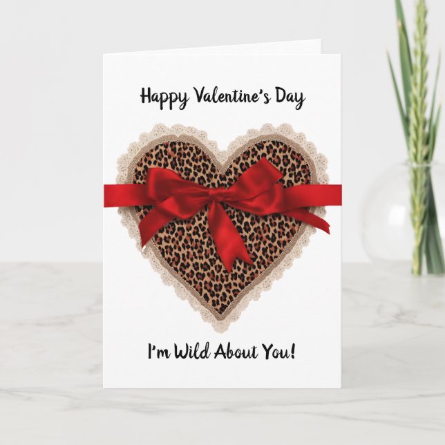 Leopard Lace Red Ribbon Valentine's Day Heart  Card (Front)