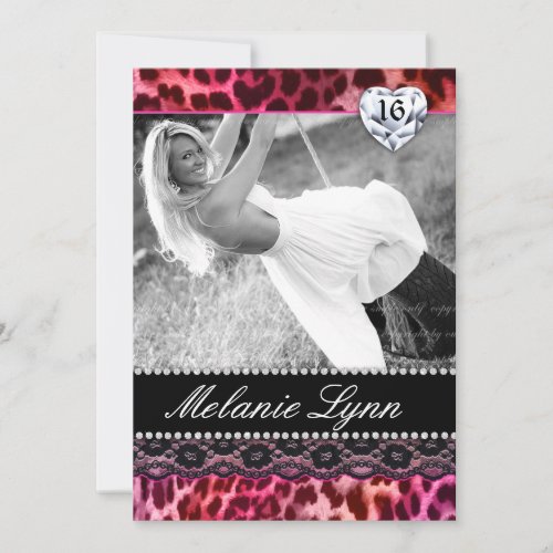Leopard Lace Sweet 16 Party Invite Heart Pink