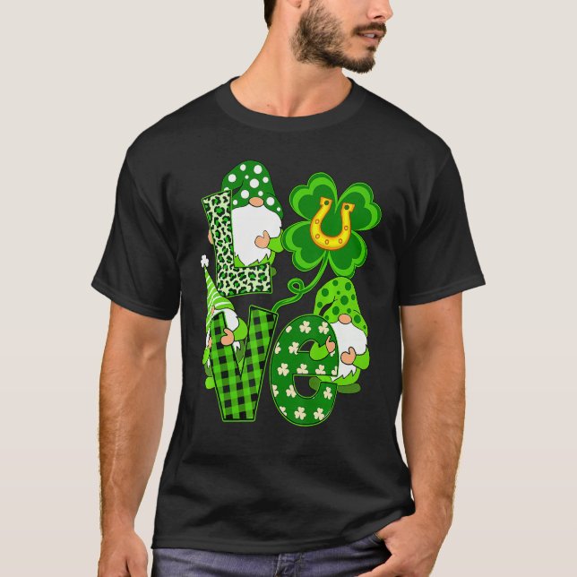 Leopard Love Three Gnomes Lucky Shamrock St. Patri T-Shirt (Front)
