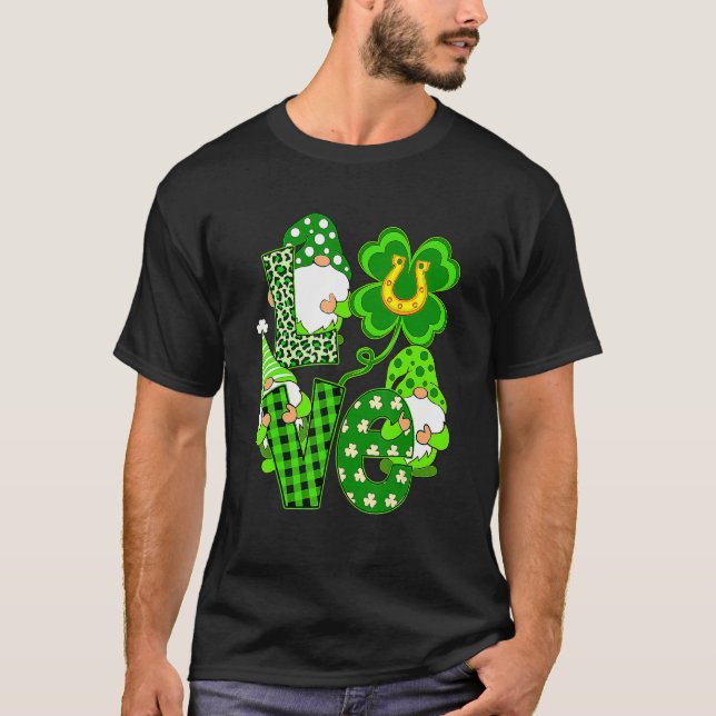Leopard Love Three Gnomes Lucky Shamrock St Patric T-Shirt (Front)