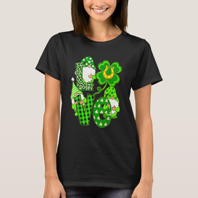 Leopard Love Three Gnomes Lucky Shamrock St Patric T-Shirt (Front)
