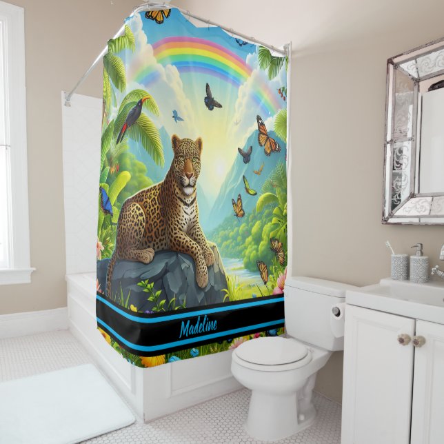 Leopard Majesty: Colorful Jungle Foliage Shower Curtain (In Situ)