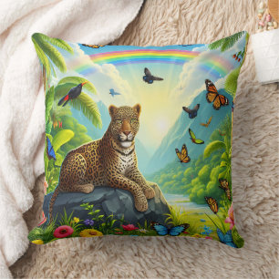 Leopard Majesty: Colorful Jungle Foliage Throw Pillow