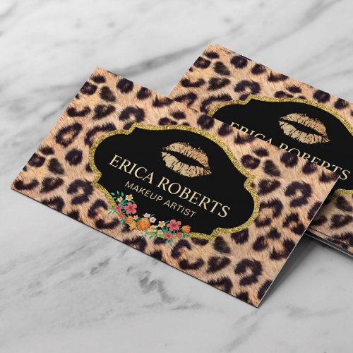 Leopard Makeup Artist Modern Gold Lips Salon Business Card