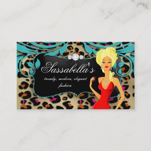 Customizable Leopard Blonde Business Card Blue Swirls Jewelry
