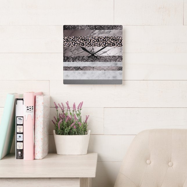 Leopard Marble Glitter Stripes Glam 1 Square Wall Clock (Reading Room)