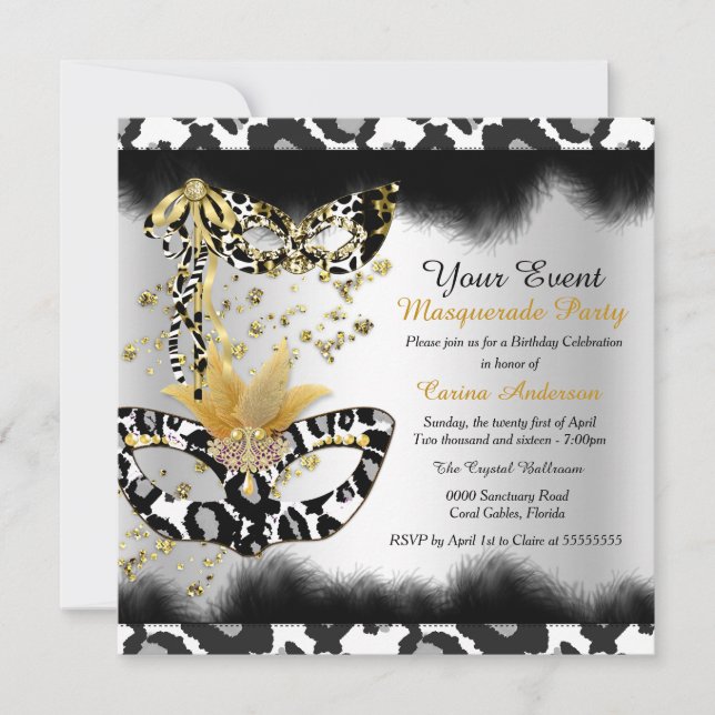 Leopard Mask Black Gold Masquerade Birthday Party Invitation (Front)