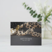 Leopard Masquerade Mask & Pearl Save the Date Announcement Postcard (Standing Front)