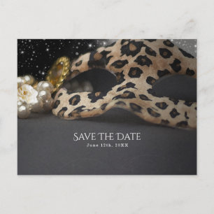 Leopard Masquerade Mask & Pearl Save the Date Announcement Postcard