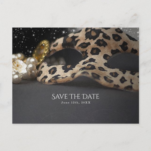 Leopard Masquerade Mask & Pearl Save the Date Announcement Postcard (Front)