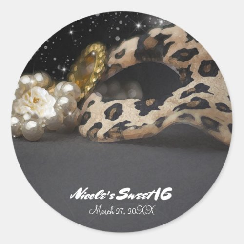Leopard Masquerade Mask  Pearls Party Favor Classic Round Sticker