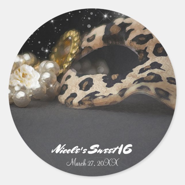 Leopard Masquerade Mask & Pearls Party Favor Classic Round Sticker (Front)