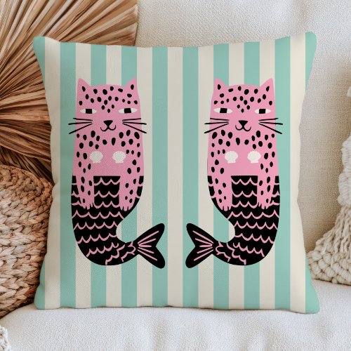 Leopard Mermaids on Stripe Pattern Quirky Nautical Throw Pillow