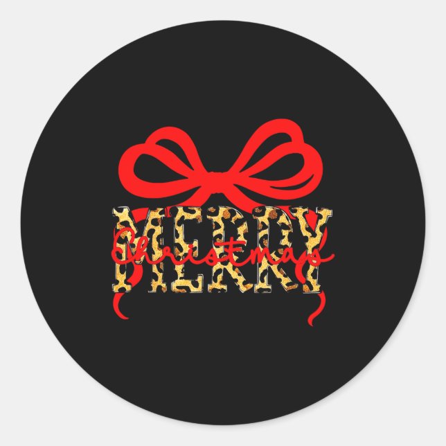 Leopard Merry Christmas Coquette Bow Xmas Holiday  Classic Round Sticker (Front)