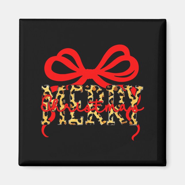 Leopard Merry Christmas Coquette Bow Xmas Holiday  Magnet (Front)