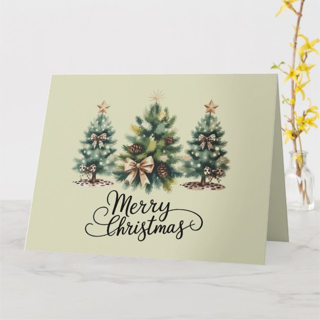 Leopard Merry Christmas Tree Coquette Bow Xmas Card (Yellow Flower)