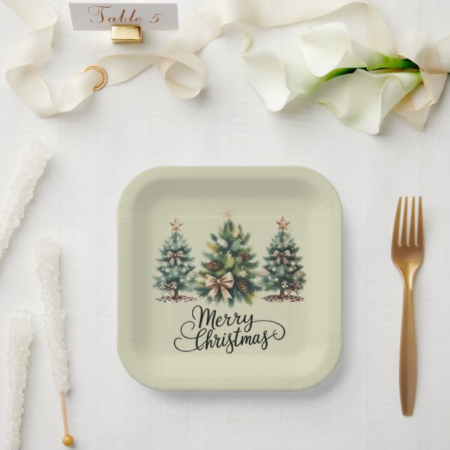 Leopard Merry Christmas Tree Coquette Bow Xmas Paper Plates (Wedding)