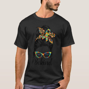 Leopard Messy Bun Be Kind Ribbon Autism Awareness T-Shirt