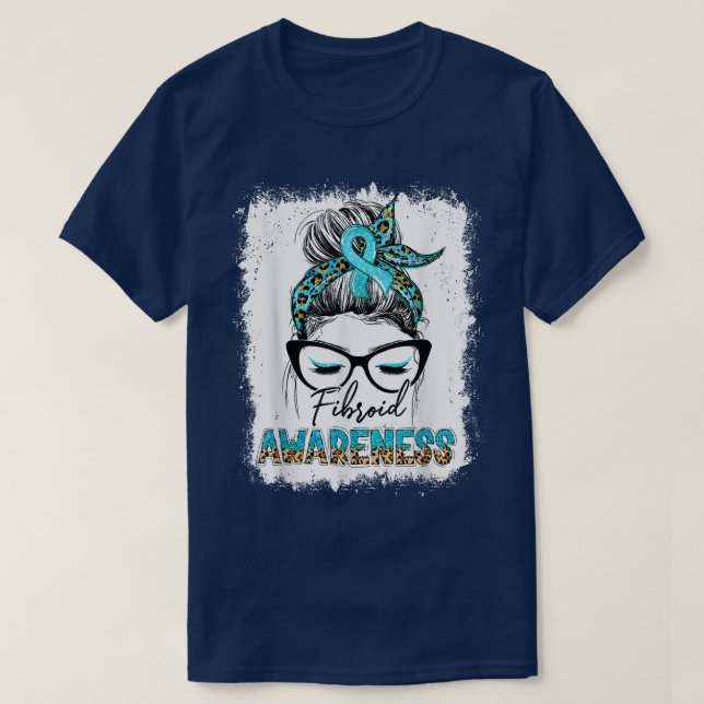 Leopard Messy Bun Fibroid Awareness Teal Ribbon  T-Shirt (Design Front)