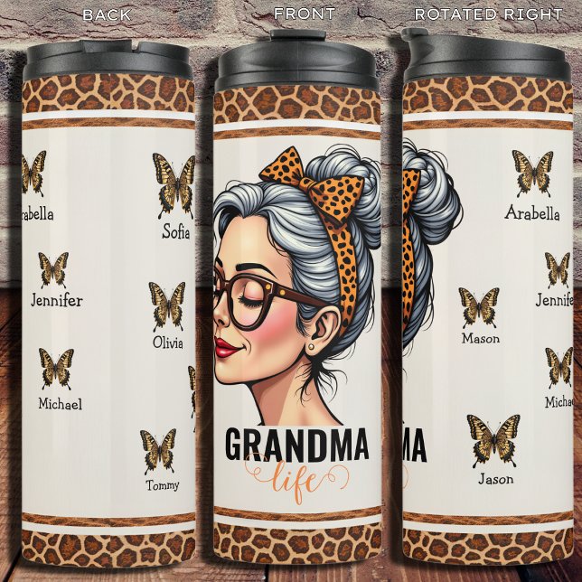 Leopard Messy Bun Personalized Grandma  Thermal Tumbler (Creator Uploaded)