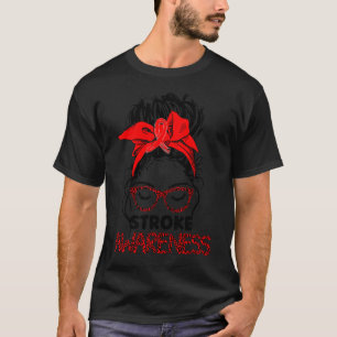 Leopard Messy Hair Bun Stroke Awareness Survivor W T-Shirt