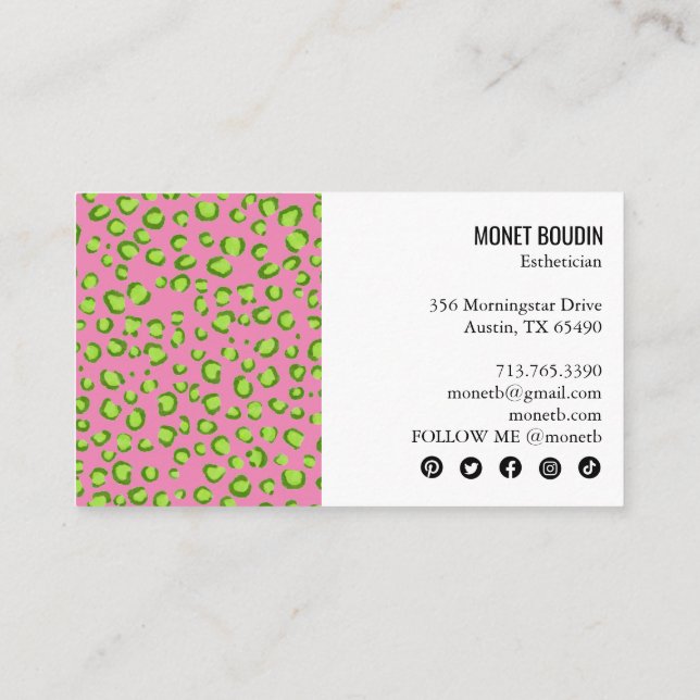 Leopard Modern Colorful Animal Print Social Icons Business Card (Back)