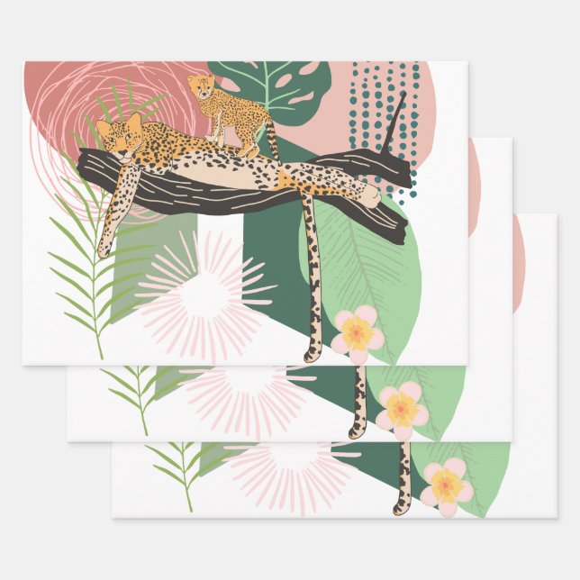 Leopard Mom and Baby Hanging In A Tree Wrapping Paper Sheets (Set)