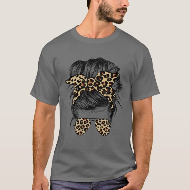 Leopard Mom Messy Bun Hair Sunglasses Headband Wom T-Shirt (Front)