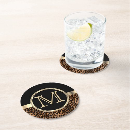 Leopard Monogram  Black and Brown Round Paper Coaster