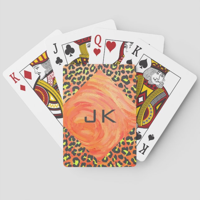 Leopard Monogram Orange and Yellow Print Poker Cards (Back)