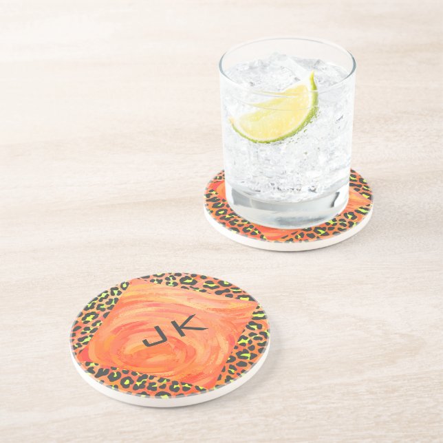 Leopard Monogram Orange and Yellow Print Sandstone Coaster (Side)