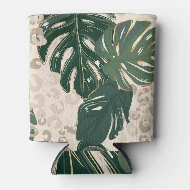Leopard Monstera: Jungle Print Vintage. Can Cooler (Front)