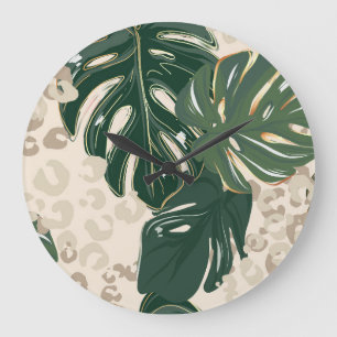 Leopard Monstera: Jungle Print Vintage. Large Clock