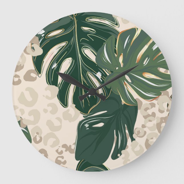 Leopard Monstera: Jungle Print Vintage. Large Clock (Front)