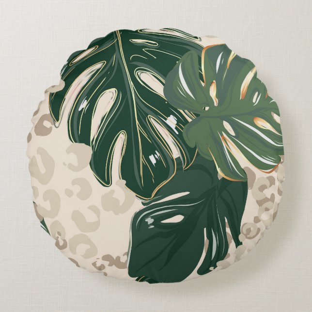 Leopard Monstera: Jungle Print Vintage. Round Pillow (Front)