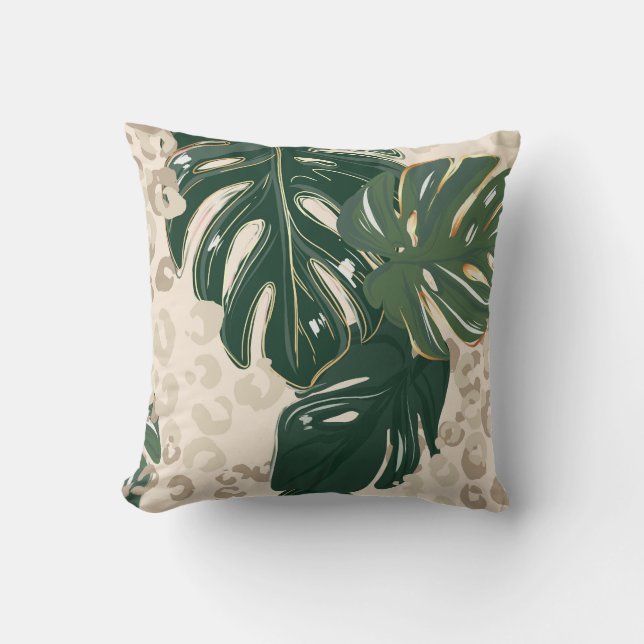 Leopard Monstera: Jungle Print Vintage. Throw Pillow (Front)