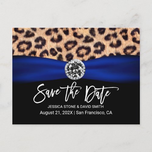 Leopard Navy Blue Ribbon Luxury Wedding  Announcement Postcard