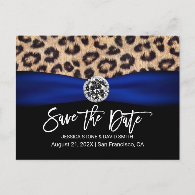 Leopard Navy Blue Ribbon Luxury Wedding  Announcement Postcard (Front)
