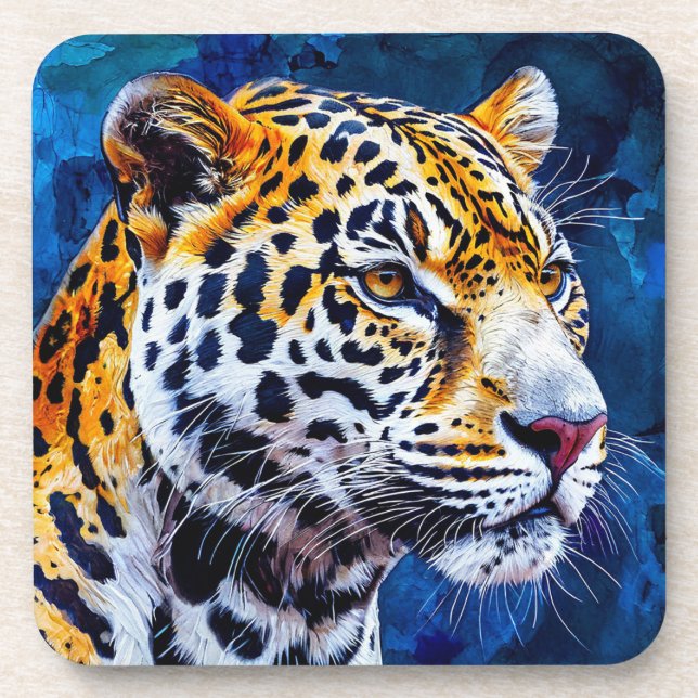 Leopard on blue background beverage coaster (Front)