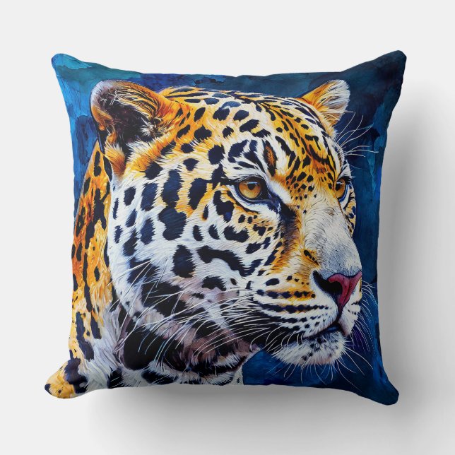 Leopard on blue background throw pillow (Front)