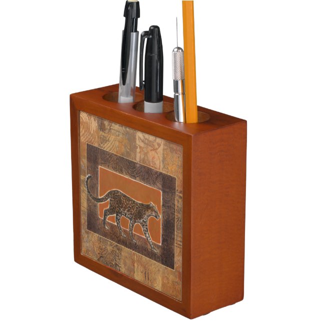 Leopard on Orange and Brown Background Desk Organizer (In Situ)