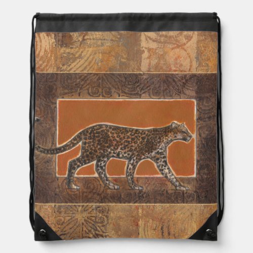Leopard on Orange and Brown Background Drawstring Bag