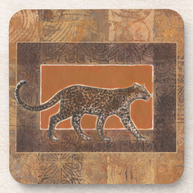 Leopard on Orange and Brown Background Drink Coaster (Front)