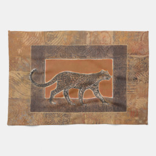 Leopard on Orange and Brown Background Kitchen Towel