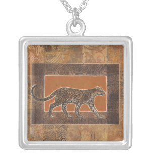 Leopard on Orange and Brown Background Silver Plated Necklace