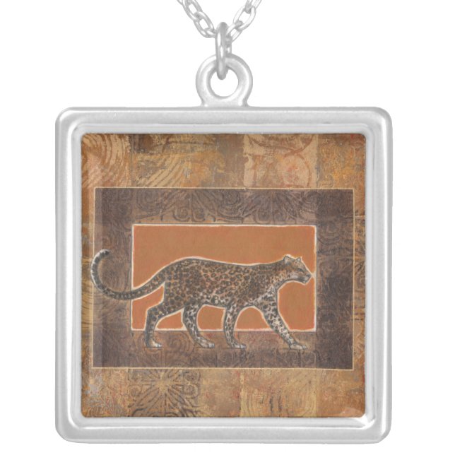 Leopard on Orange and Brown Background Silver Plated Necklace (Front)